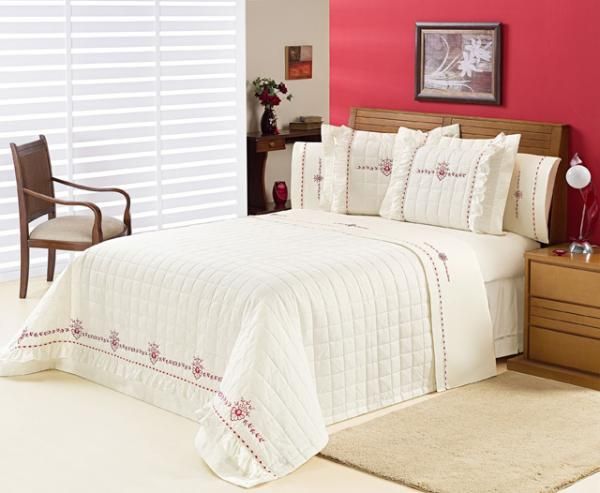 Jogo de cama Lovely 150 fios 4 peças queem Marfim bordado